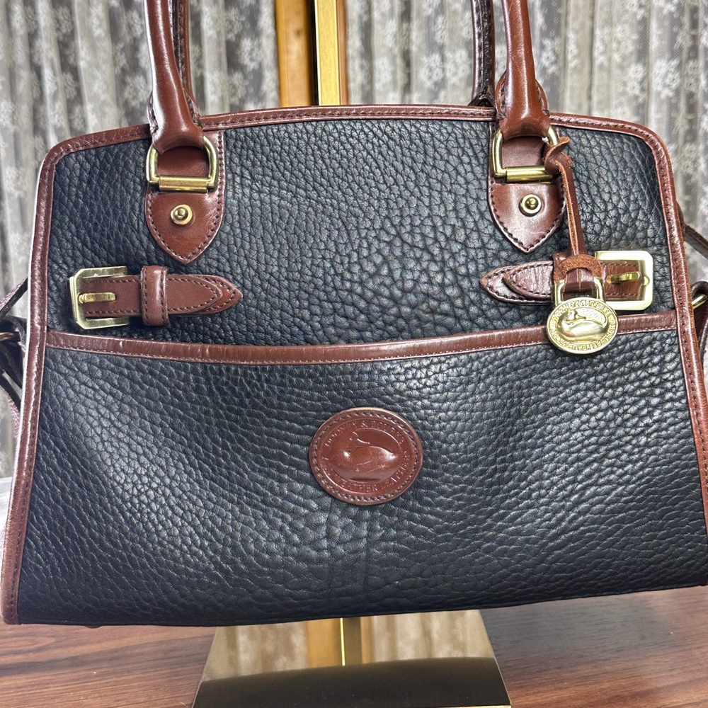 Vintage Dooney & Burke Satchel with Black Pebbled Leather & Brown leather Trim
